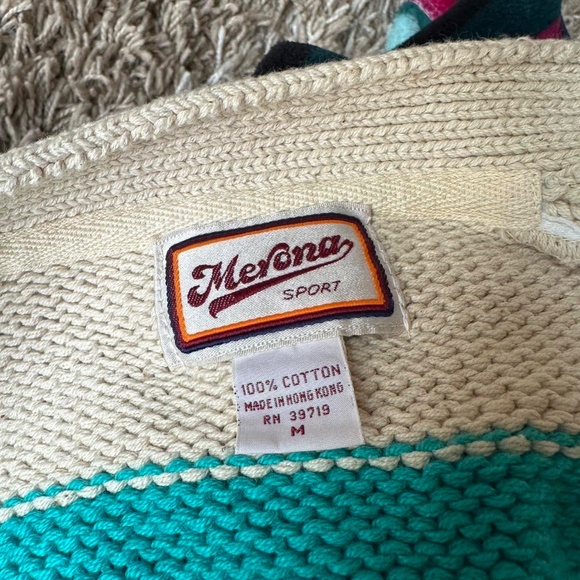 Vintage Striped Cardigan Preppy Medium Teal & Cream - Picture 4 of 5